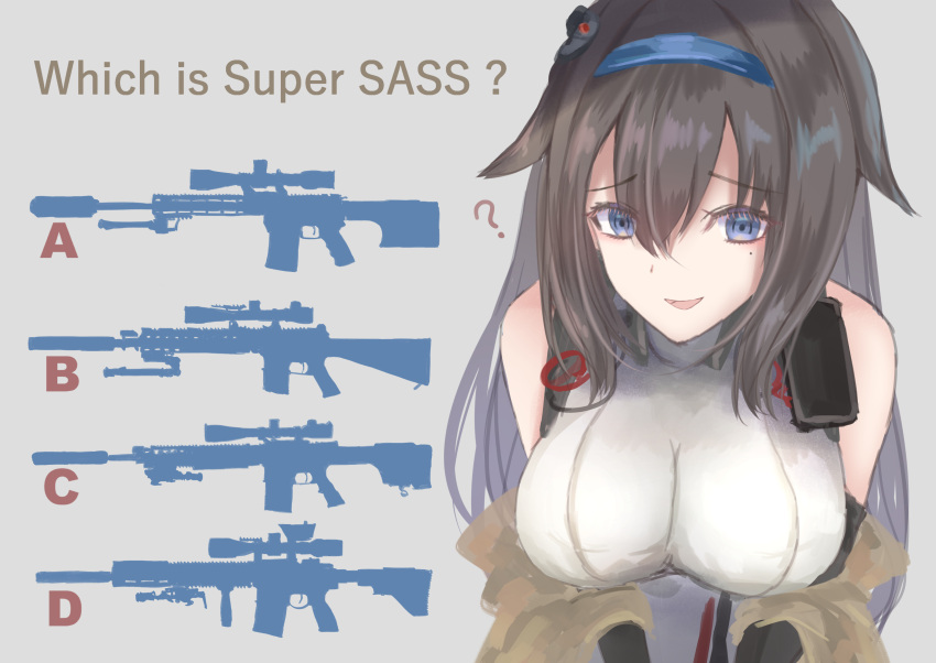 1girl, ?, absurdres, bare_shoulders, black_hair, blue_eyes, breasts, eyebrows_visible_through_hair