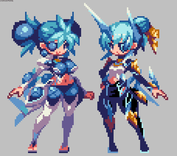 2girls, blue_hair, breasts, earrings, eyepatch, flat_chest, ice_horns, jewelry