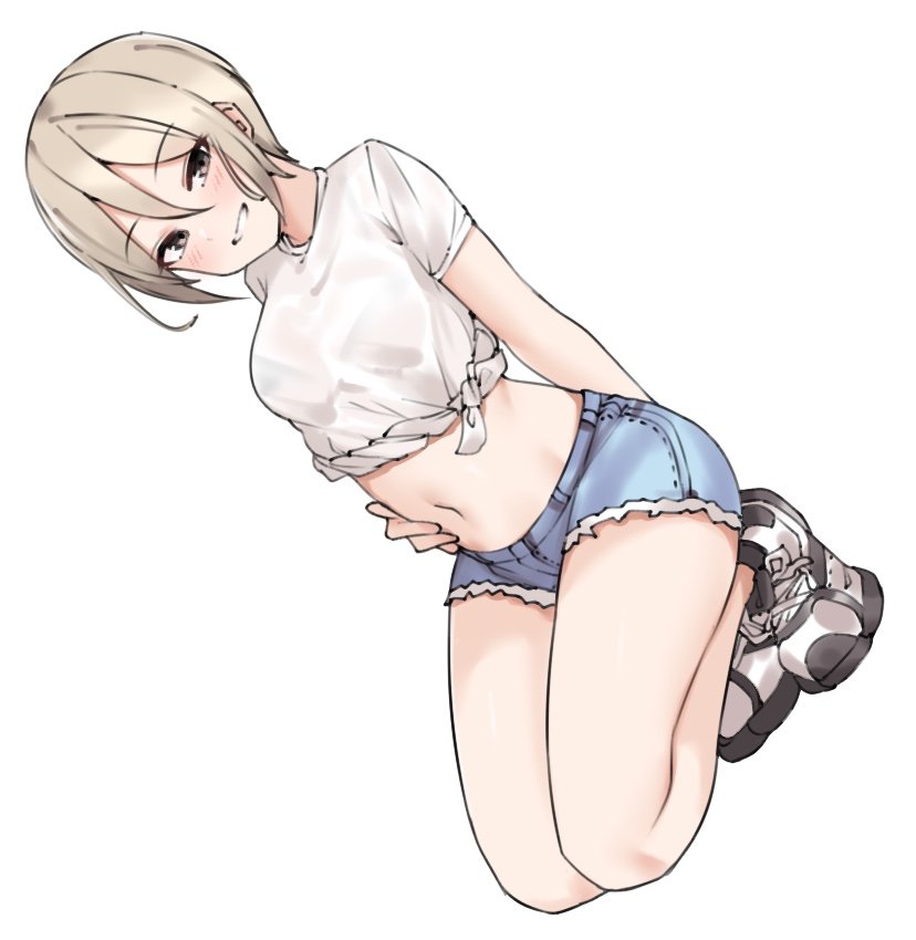 1girl, :d, aa211108, bare_legs, black_bra, blush, bra, bra_visible_through_clothes, denim, denim_shorts, dutch_angle, full_body, grey_hair, grin, hair_between_eyes, head_tilt, idolmaster, idolmaster_cinderella_girls, looking_at_viewer, navel, shiomi_syuko, shirt, shirt_rolled_up, shoes, short_hair, short_shorts, short_sleeves, shorts, simple_background, smile, sneakers, solo, squatting, tied_shirt, underwear, white_background, white_shirt