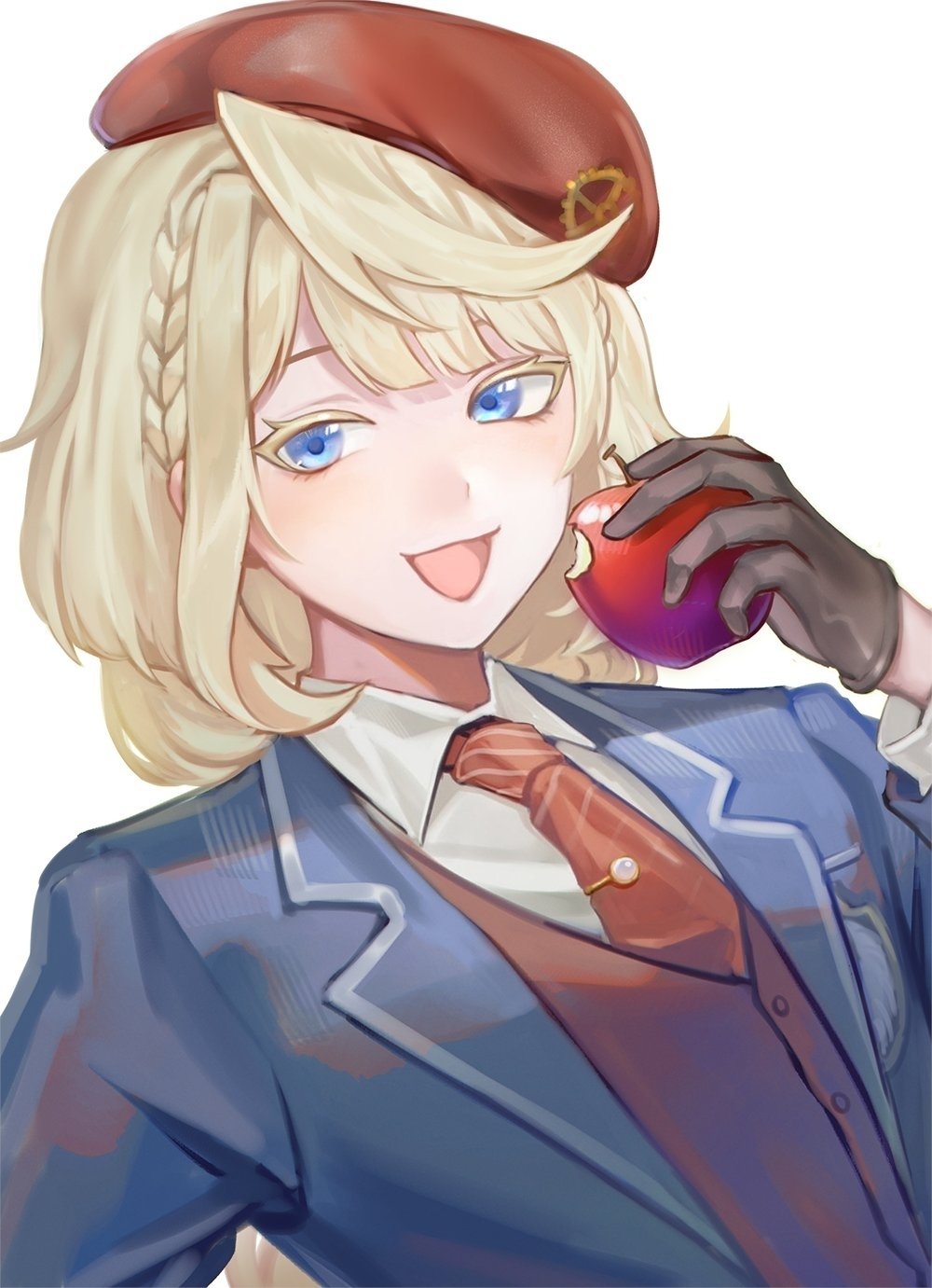 1boy, :3, apple, beret, blonde_hair, blue_eyes, blue_vest, braid, brown_gloves, collared_shirt, colored_eyelashes, commentary, food, fruit, gloves, hat, highres, holding, holding_food, holding_fruit, ina_zuma, long_hair, male_focus, necktie, open_mouth, pale_skin, red_headwear, red_necktie, school_uniform, shirt, sidelocks, smile, solo, tie_clip, tokyo_afterschool_summoners, tuaring_(housamo), vest, white_background, white_shirt