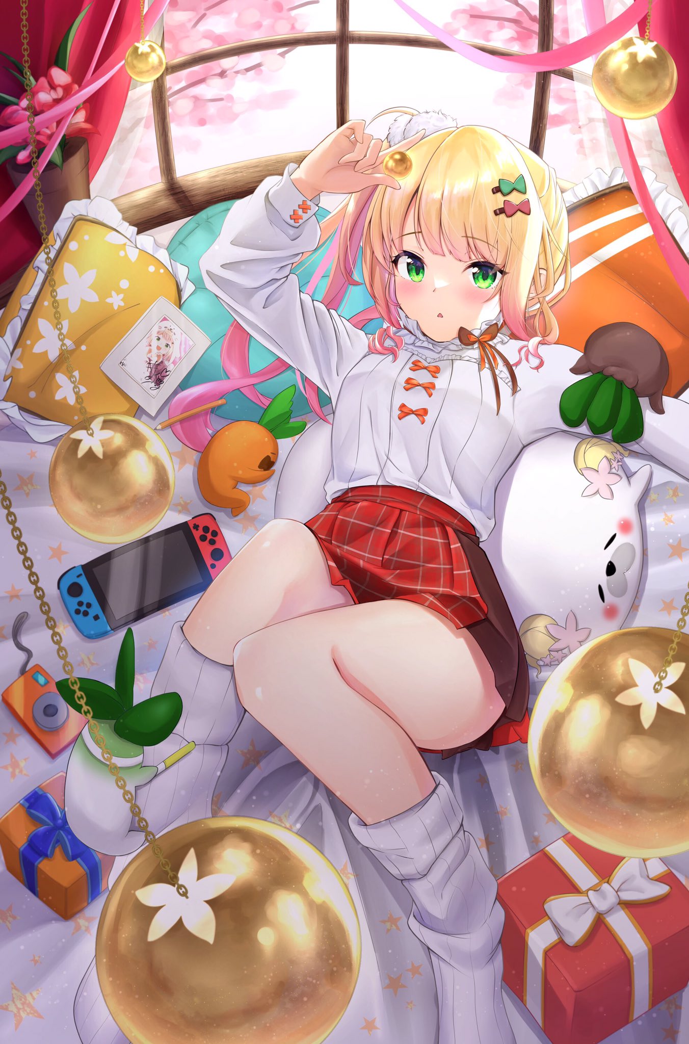 1girl, :o, amakumo517, blonde_hair, blush, box, character_doll, dress_shirt, gift, gift_box, gradient_hair, green_eyes, hair_ornament, hairclip, highres, hololive, long_hair, long_sleeves, looking_at_viewer, loose_socks, lying, miniskirt, momosuzu_nene, momosuzu_nene_(seal), multicolored_hair, nekko_(momosuzu_nene), official_alternate_hairstyle, on_back, on_bed, parted_lips, pink_hair, plaid, plaid_skirt, pleated_skirt, pom_pom_(clothes), pom_pom_hair_ornament, red_skirt, shirt, side_ponytail, skirt, sleeve_cuffs, solo, virtual_youtuber, white_shirt