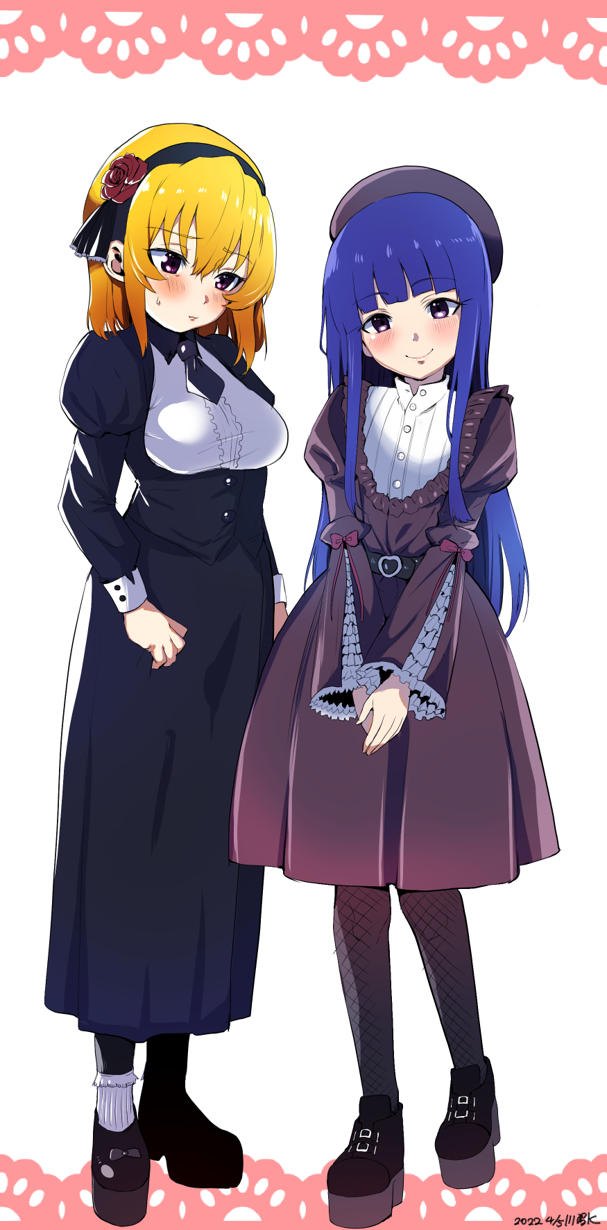 2girls, beret, black_hairband, blonde_hair, blouse, blue_hair, buckle, buttons, fishnet_legwear, fishnets, flower, frilled_sleeves, frills, furude_rika, hair_flower, hair_ornament, hairband, hat, heart, heart-shaped_buckle, highres, higurashi_no_naku_koro_ni, holding, holding_clothes, houjou_satoko, long_hair, looking_at_viewer, multiple_girls, necktie, onuma_kuma, pantyhose, platform_footwear, puffy_sleeves, short_hair, sleeve_cuffs, smile, violet_eyes