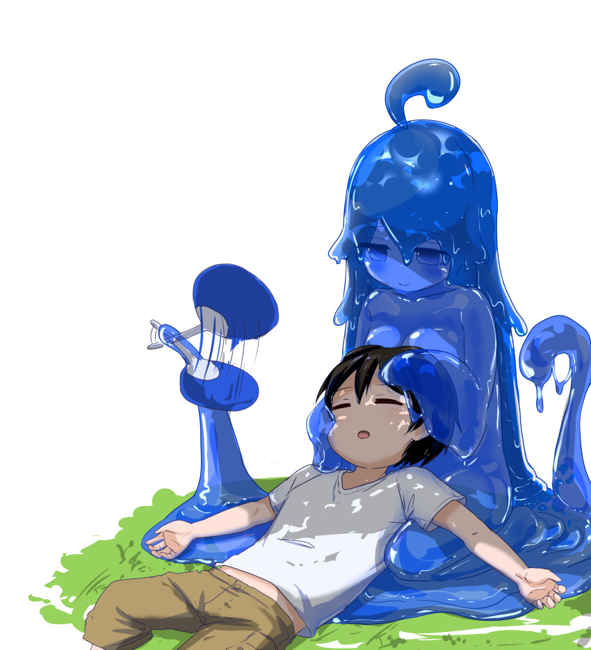 1boy, 1girl, bangs, black_hair, breasts, brown_shorts, closed_eyes, commentary_request, dappled_sunlight, day, grass, hair_between_eyes, hands_on_another's_face, highres, hikyou_takarasou, looking_at_another, midriff_peek, monster, monster_girl, open_mouth, original, outdoors, shirt, short_hair, short_sleeves, shorts, simple_background, sleeping, slime_girl, sunlight, touching, white_background, white_shirt