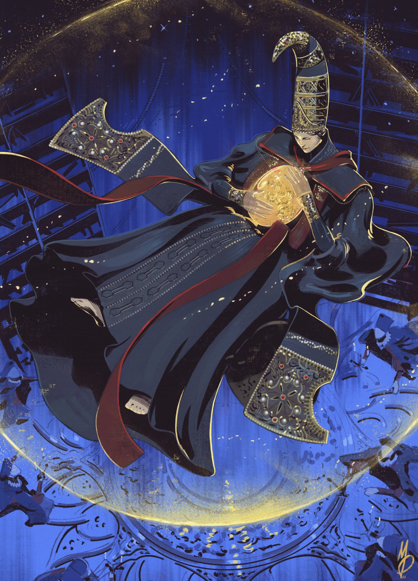 6+girls, amber_(gemstone), barefoot, blue_robe, bookshelf, cape, crown, egg