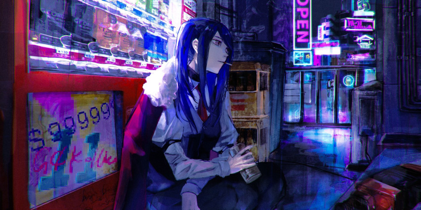 1girl, alley, cigarette, copyright_name, cyberpunk, drink, english_text, highres