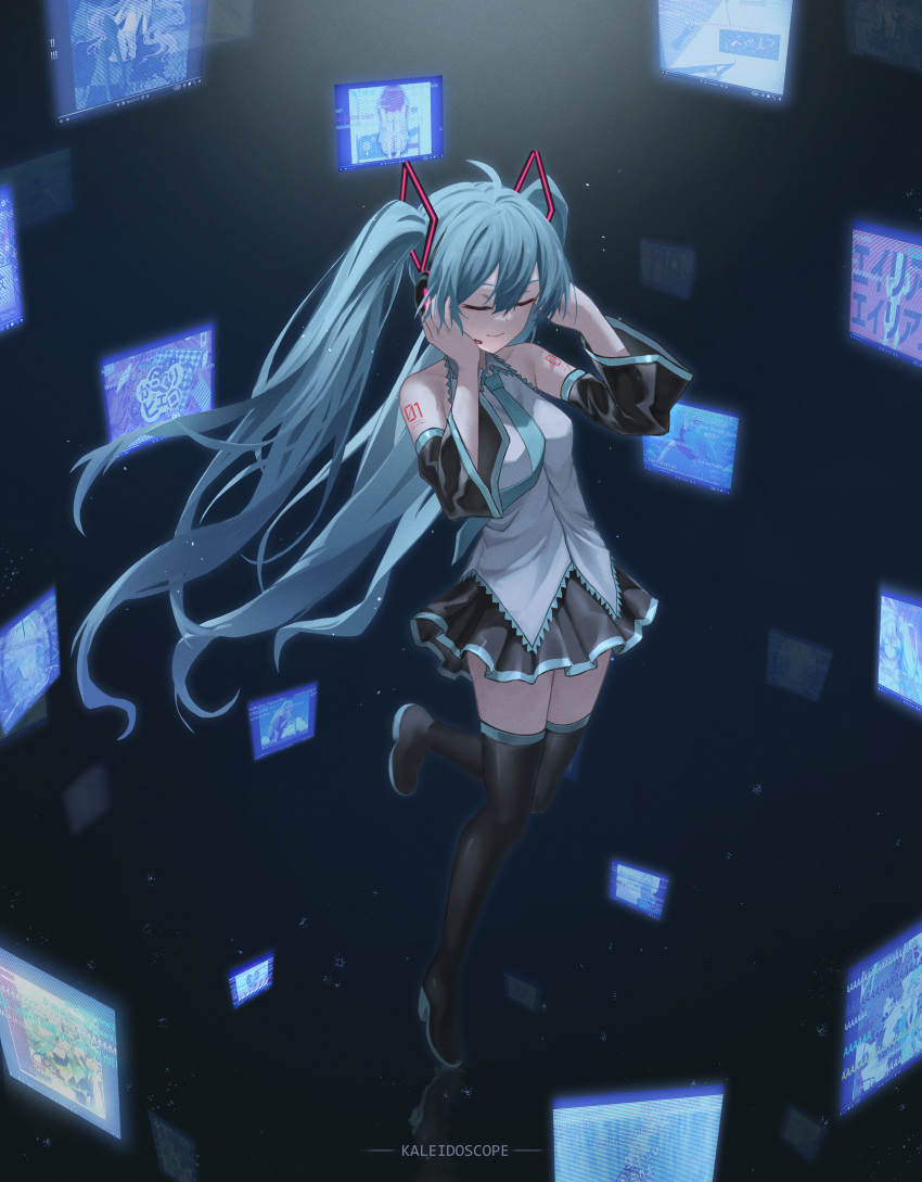 1girl, absurdres, alien_alien_(vocaloid), aqua_hair, aqua_necktie, bangs, black_background, black_footwear
