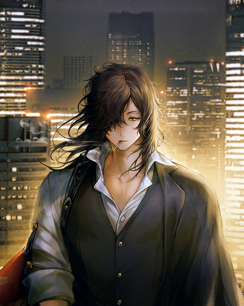 1boy, bangs, black_hair, black_vest, cigarette, collared_shirt, commentary, expressionless, fate/grand_order, fate_(series), hair_over_one_eye, highres, honi_(honi), jacket, long_hair, long_sleeves, looking_at_viewer, male_focus, okada_izou_(fate), okada_izou_(i'm_one_dapping_fella)_(fate), shirt, solo, upper_body, vest, white_shirt, yellow_eyes