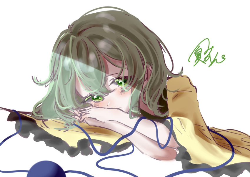 1girl, 72mikan_1687, blush, frilled_sleeves, frills, gradient, gradient_background, green_eyes, green_hair, hair_between_eyes, hat, hat_removed, headwear_removed, heart, highres, komeiji_koishi, long_sleeves, looking_at_viewer, lying, no_hat, no_headwear, sad, shirt, signature, solo, tears, third_eye, touhou, white_background, wide_sleeves, yellow_shirt