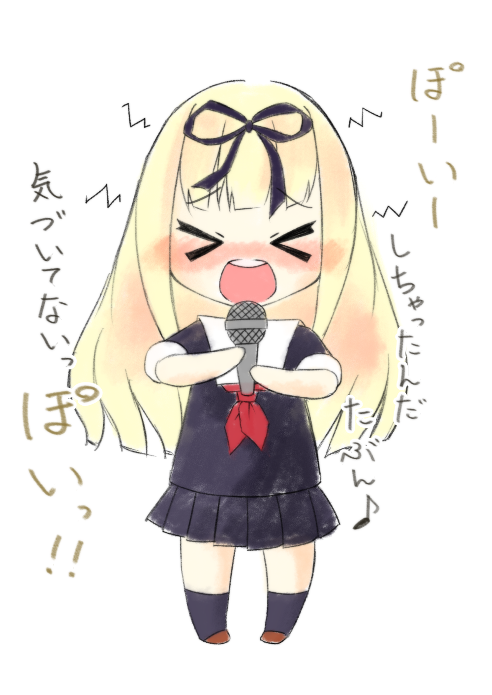 >_<, 1girl, black_ribbon, black_serafuku, black_shirt, black_skirt, blonde_hair, chibi