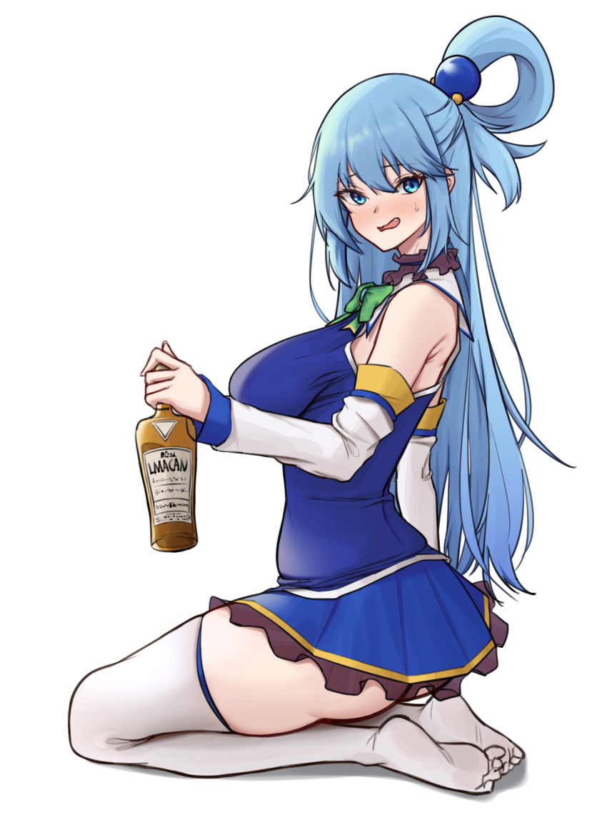 1girl, aqua_(konosuba), ass, bare_shoulders, blue_eyes, blue_hair, blue_skirt, blush
