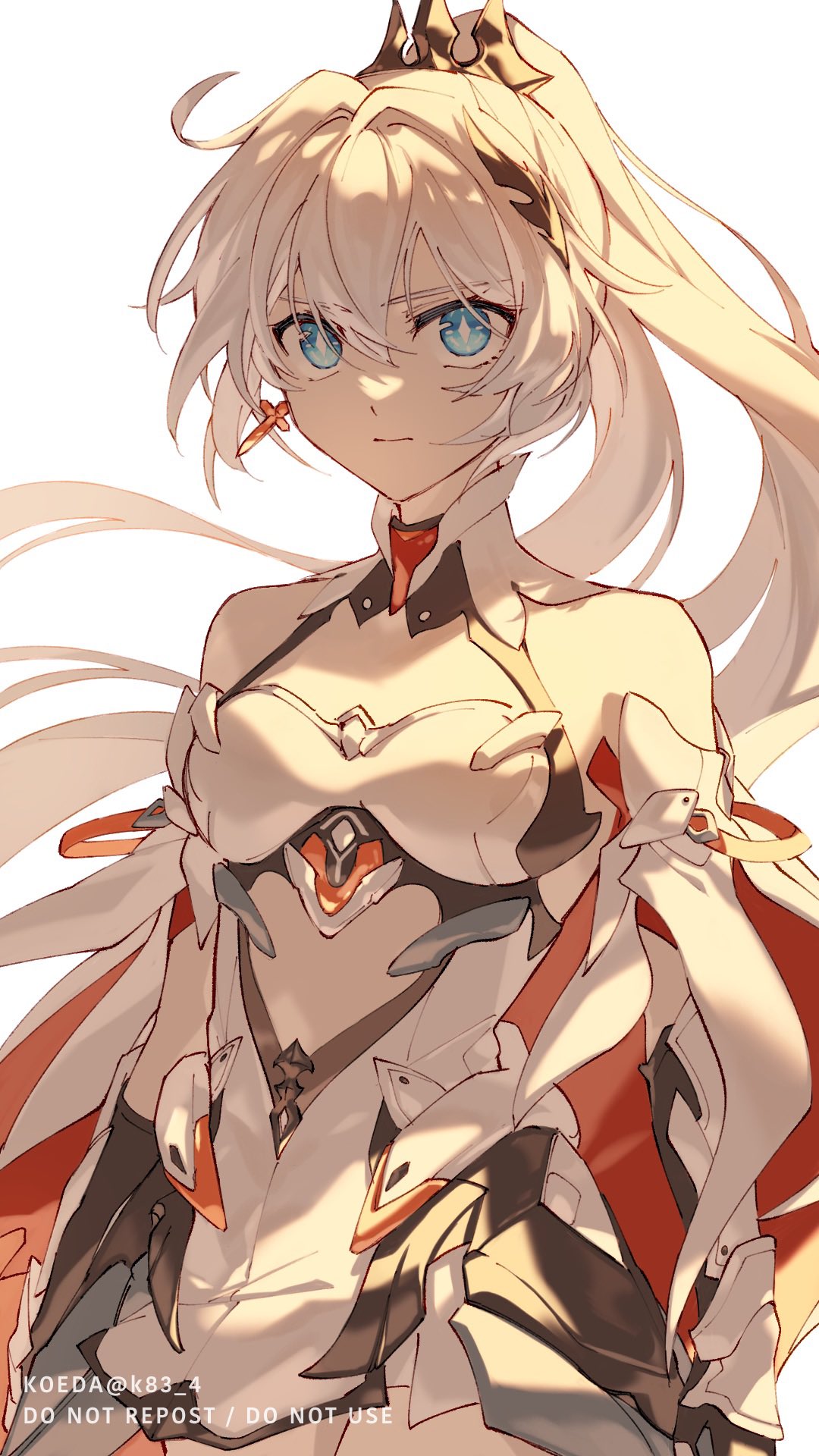 1girl, armor, bare_shoulders, blue_eyes, cape, closed_mouth, earrings, gauntlets