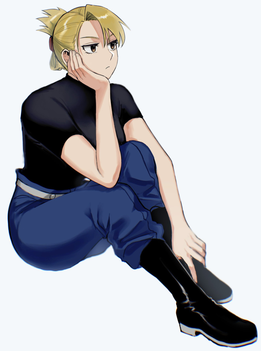 1girl, arm_rest, asymmetrical_bangs, bangs, black_footwear, black_shirt, blonde_hair, blue_pants