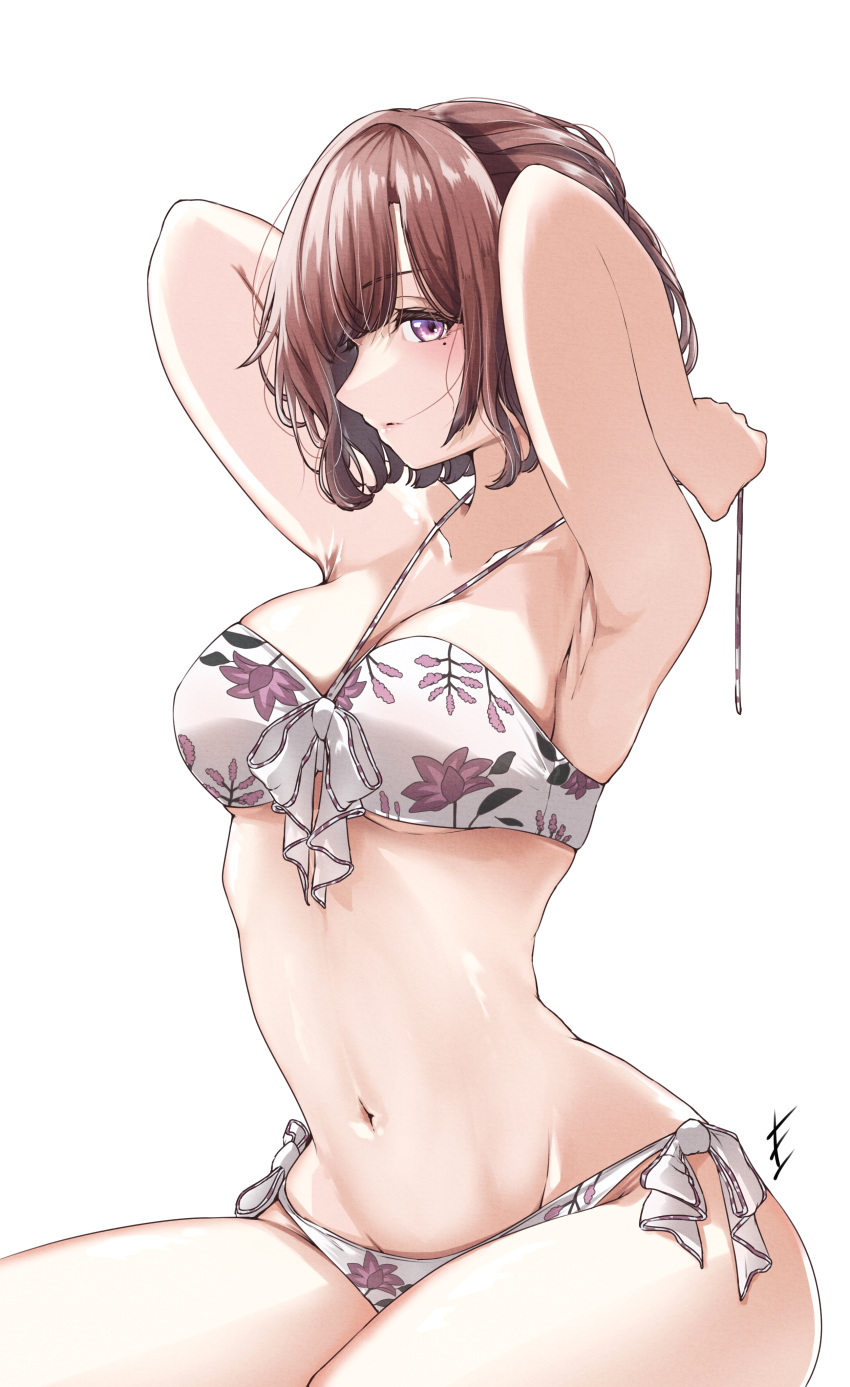 1girl, absurdres, bangs, bikini, breasts, brown_hair, end_syuuuu, floral_print