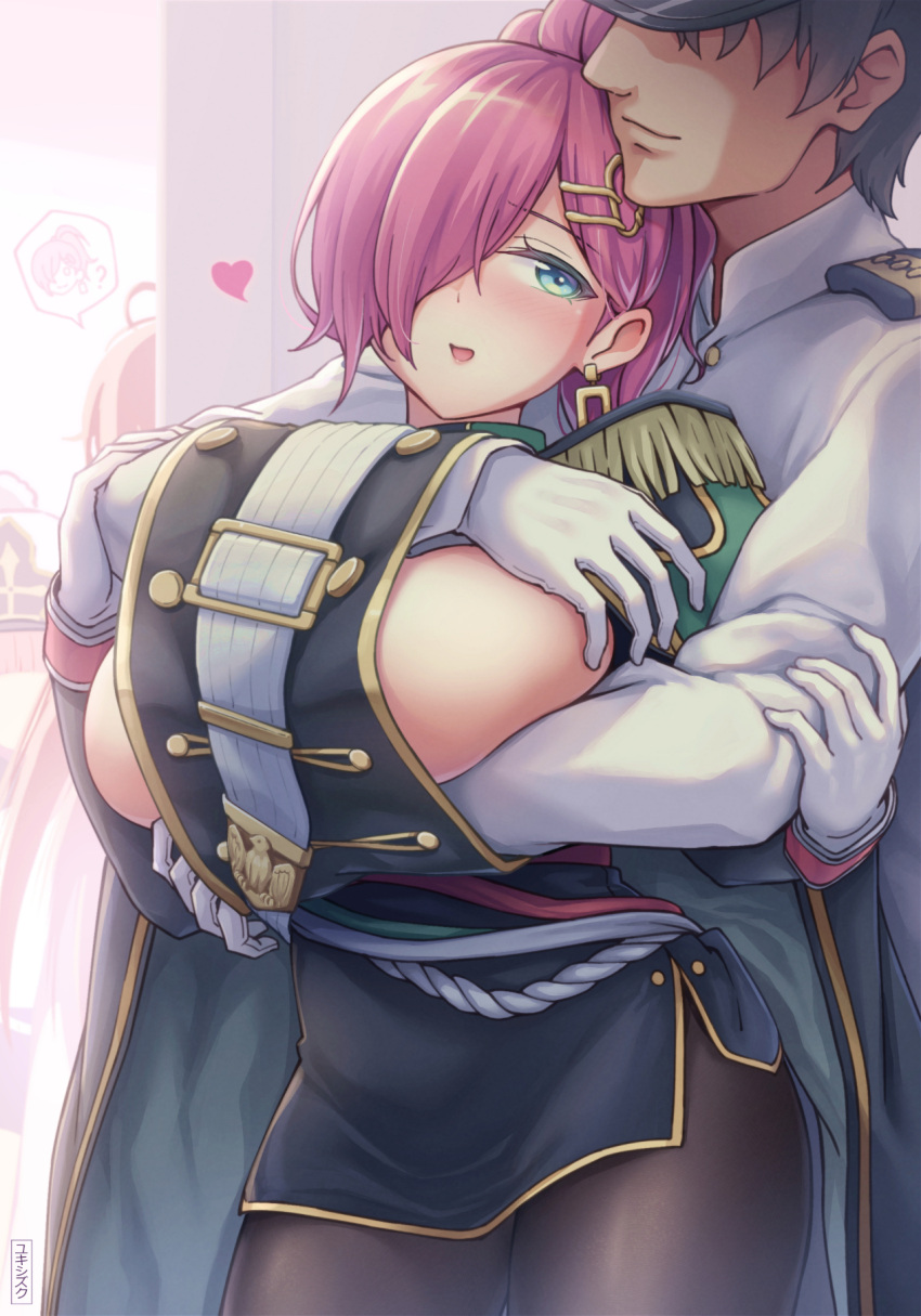 1boy, 3girls, :d, ?, azur_lane, bangs, blush, breast_squeeze