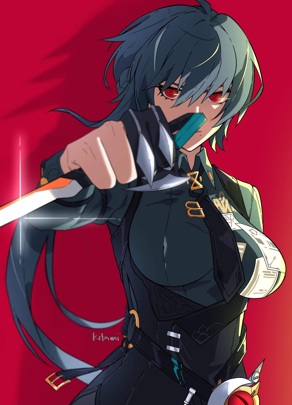 1girl, bangs, bartender, black_gloves, black_hair, black_necktie, dagger, gloves