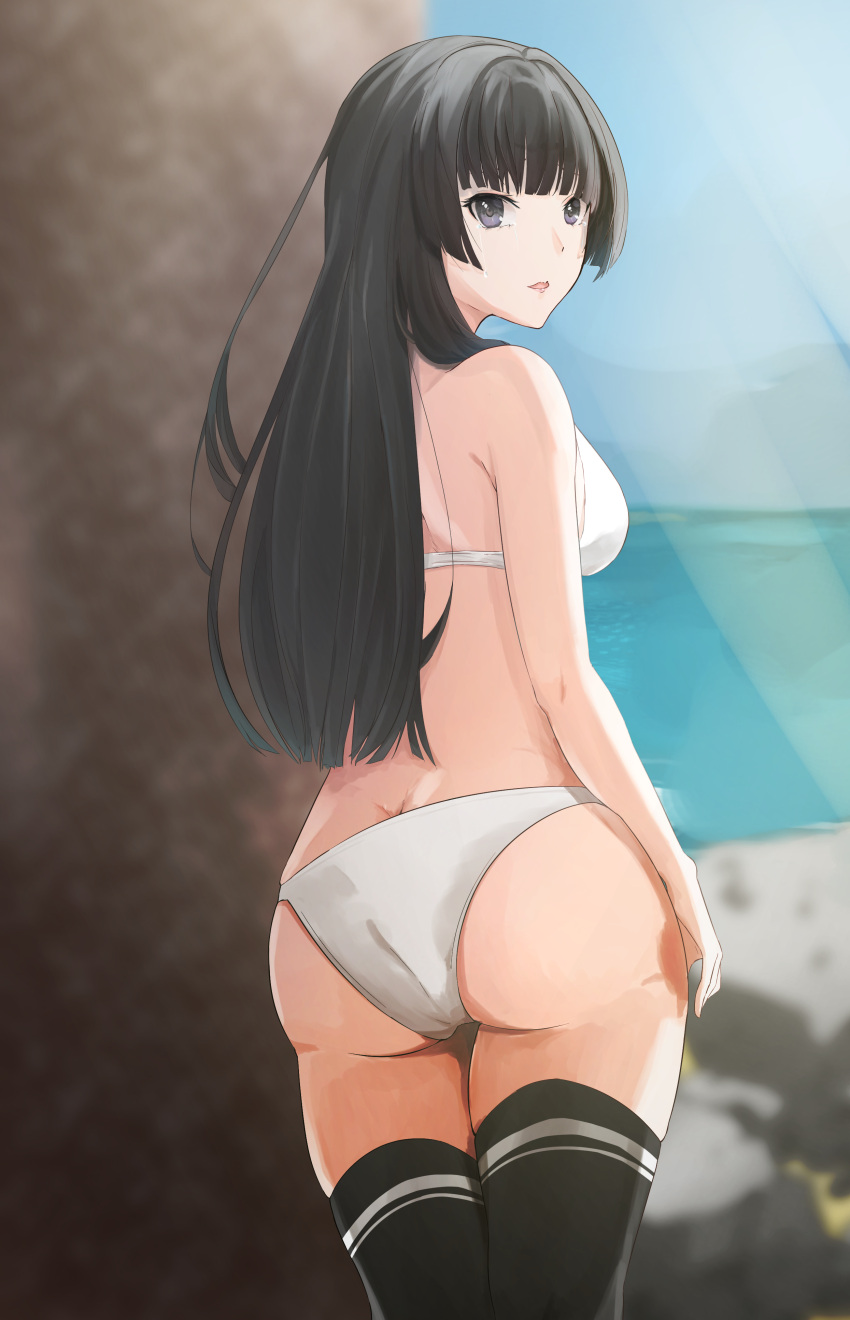 1girl, absurdres, ass, bang_dream!, bangs, beach, bikini, black_hair