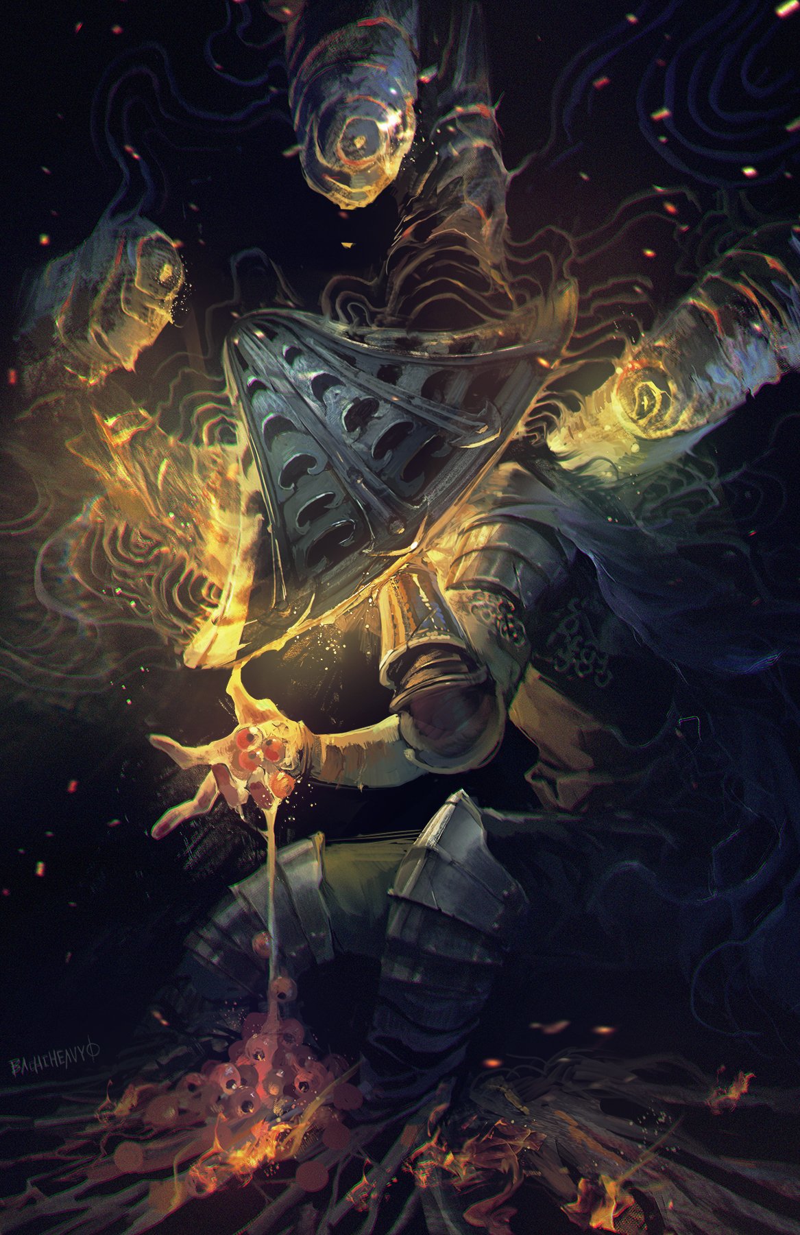 1boy, armor, aura, bloody_finger_hunter_yura, cape, elden_ring, eyeball, hand_up