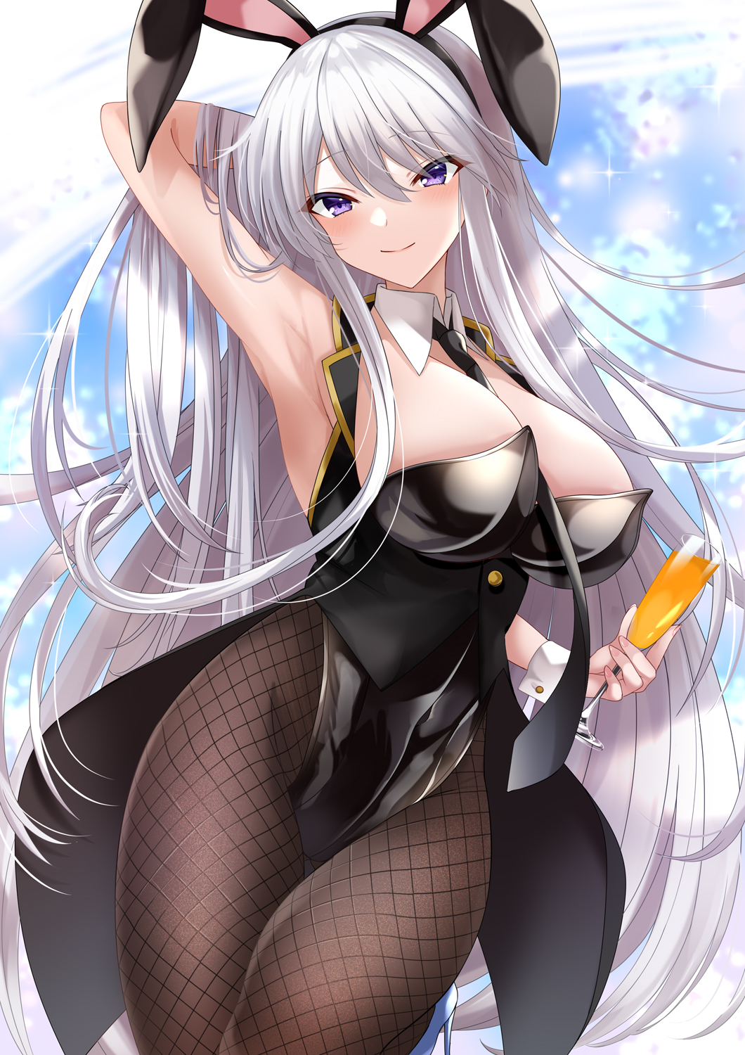 1girl, akatsuki_(aktk511), alternate_costume, animal_ears, azur_lane, black_coat, black_leotard, black_necktie, breasts, champagne_flute, coat, cup, detached_collar, drinking_glass, enterprise_(azur_lane), fake_animal_ears, fishnet_legwear, fishnets, gold_trim, highres, large_breasts, leotard, long_hair, looking_at_viewer, necktie, open_clothes, open_coat, pantyhose, playboy_bunny, rabbit_ears, silver_hair, smile, solo, strapless, strapless_leotard, upper_body, very_long_hair, wrist_cuffs