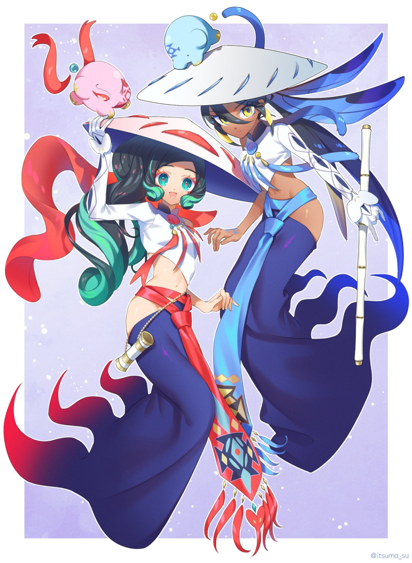 2girls, black_hair, dark-skinned_female, dark_skin, elephant, eyeliner, fate/grand_order, fate_(series), gloves, green_eyes, green_hair, hair_between_eyes, hat, highres, itsuma_su, long_hair, long_sleeves, makeup, multicolored_hair, multiple_girls, nakayoshi_saber, ponytail, shirt, siblings, sidelocks, single_sleeve, sisters, smile, streaked_hair, wavy_hair, white_headwear, white_shirt, yellow_eyes