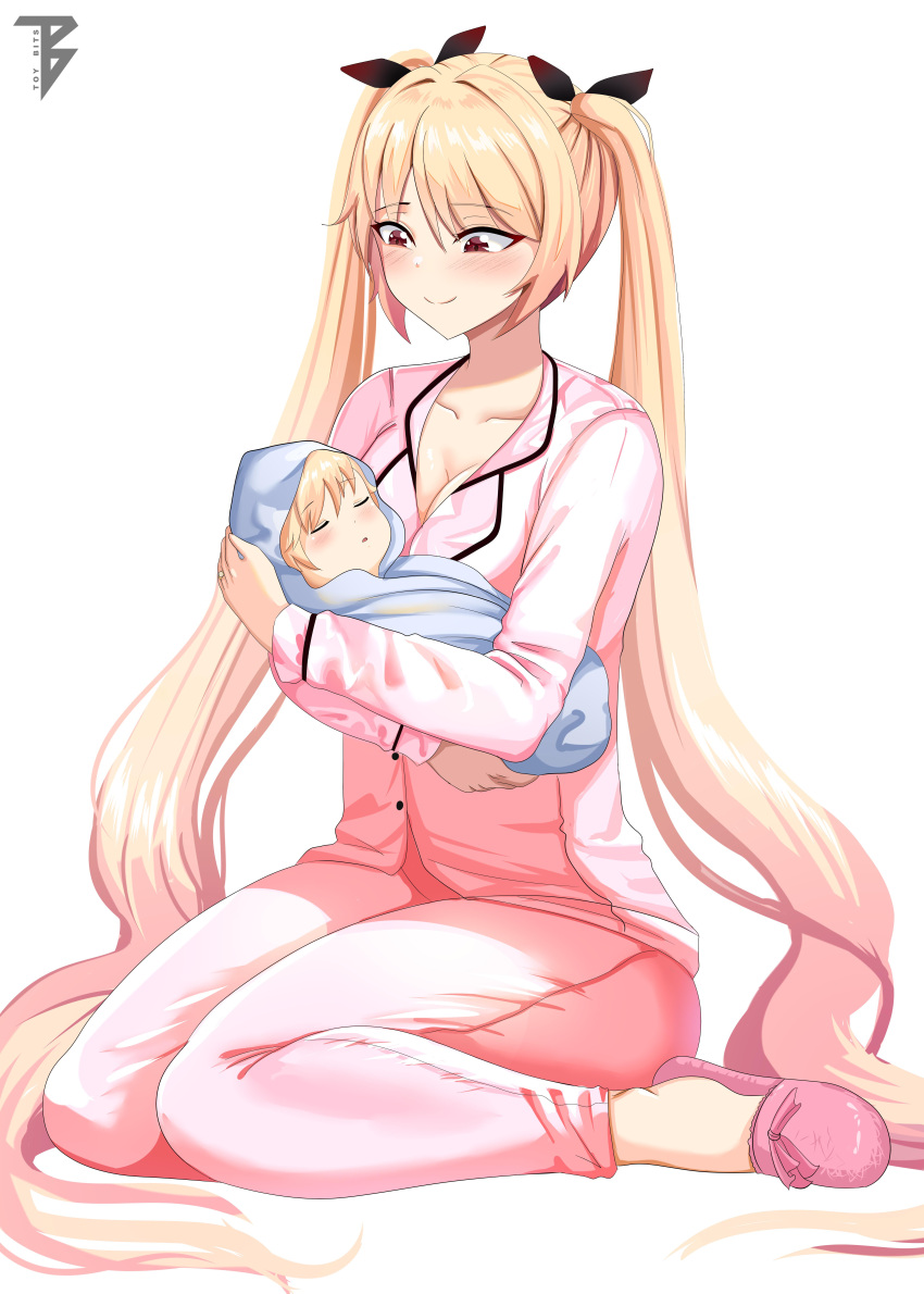 1boy, 1girl, absurdres, age_difference, azur_lane, baby_carry, black_ribbon, blonde_hair