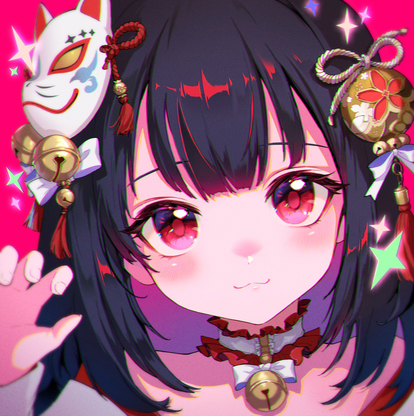 1girl, :3, absurdres, bangs, bell, black_hair, blush, choker