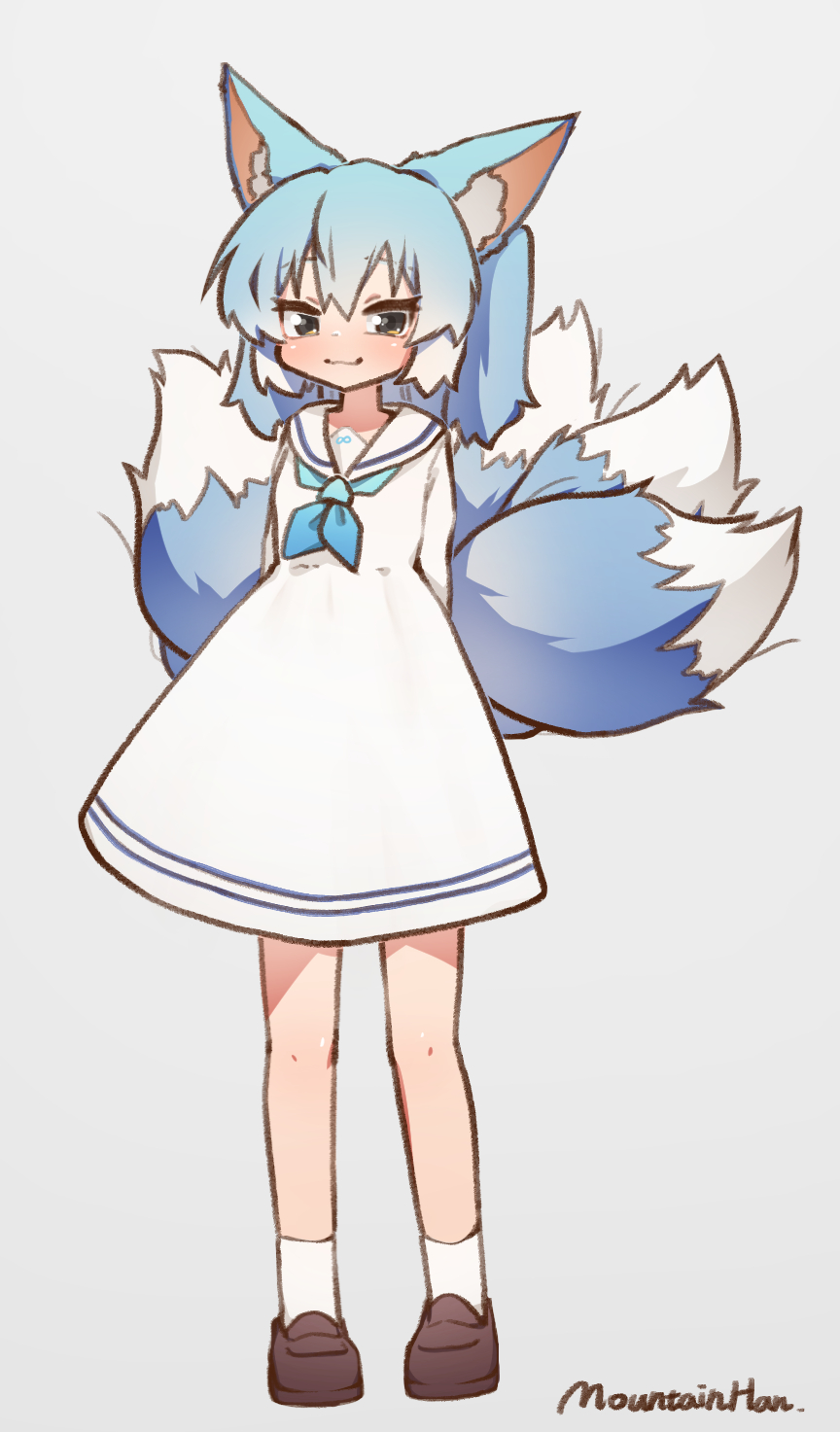 1girl, ah_zhong_(mountain_han), animal_ears, black_eyes, blue_hair, blue_neckerchief, blush, brown_footwear