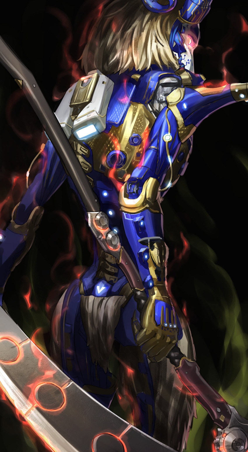 1boy, absurdres, apex_legends, black_background, blonde_hair, dead_man's_curve, false_idol_revenant, from_behind