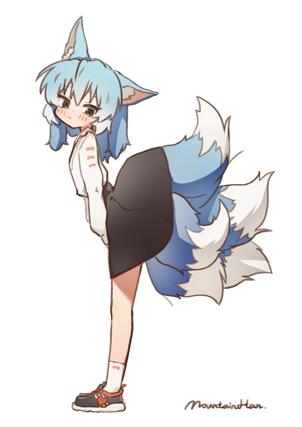 1girl, ah_zhong_(mountain_han), animal_ear_fluff, animal_ears, black_footwear, black_skirt, blue_hair, chinese_text