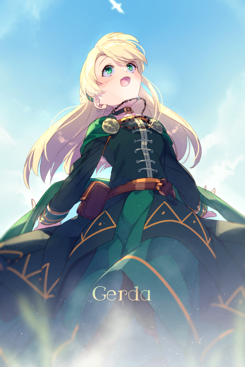 1girl, bangs, belt, blonde_hair, blue_sky, blush, breasts, character_name
