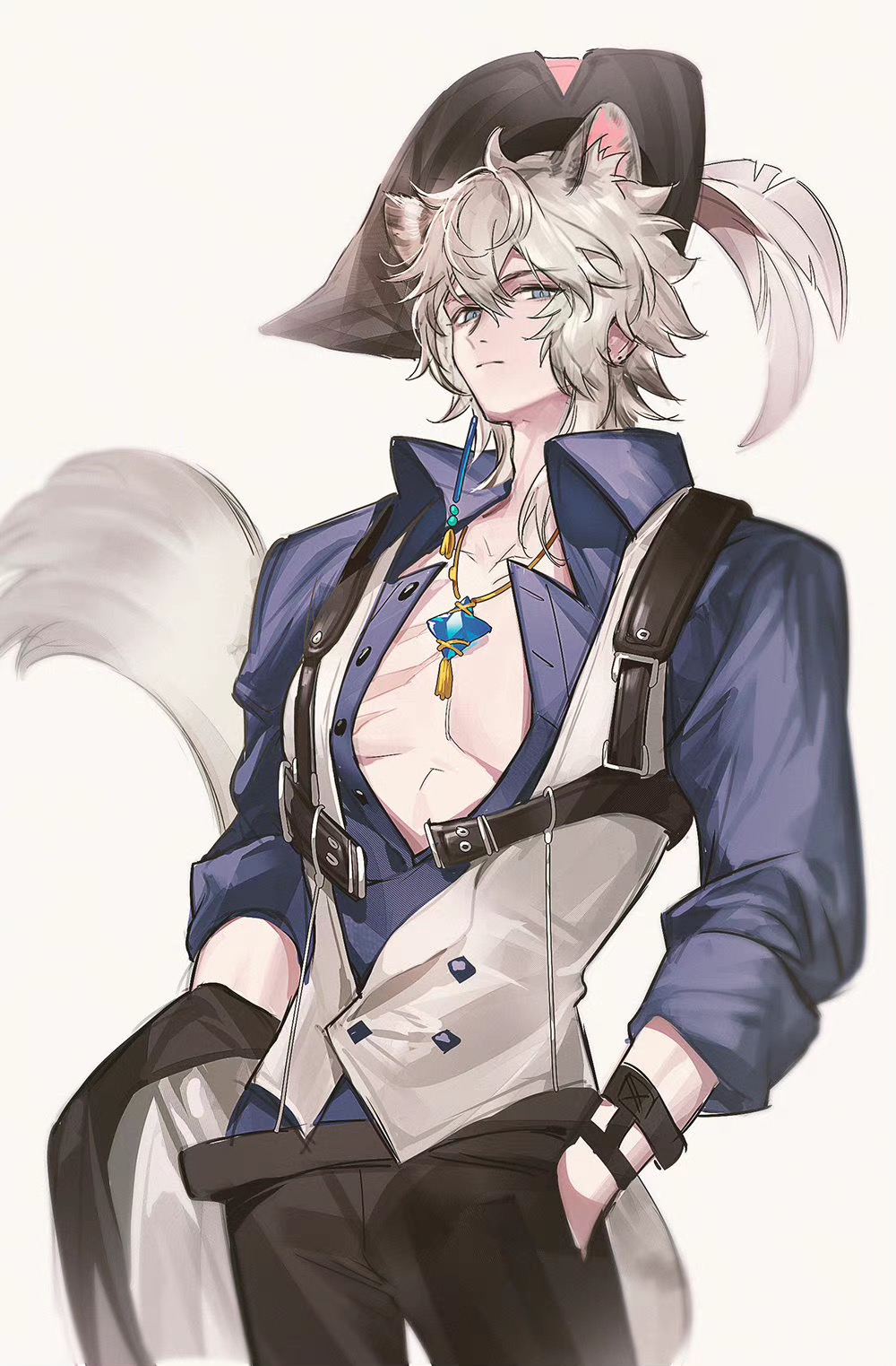 1boy, animal_ears, arknights, bishounen, blue_shirt, cowboy_shot, fox_boy, fox_ears