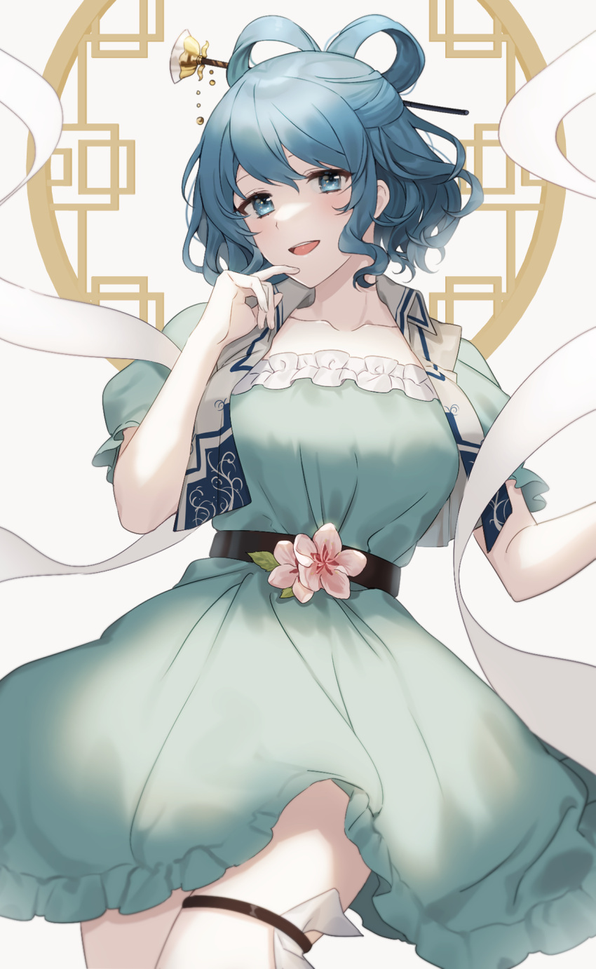 1girl, :d, ap5ry, aqua_dress, bangs, belt, black_belt, blue_eyes, blue_hair, blush, breasts, collarbone, commentary_request, dress, eyelashes, finger_to_mouth, flower, hagoromo, hair_ornament, hair_rings, hair_stick, highres, kaku_seiga, large_breasts, looking_at_viewer, ofuda, open_mouth, pink_flower, puffy_short_sleeves, puffy_sleeves, shawl, short_hair, short_sleeves, sidelocks, smile, solo, teeth, thigh_strap, touhou, upper_teeth, vest, white_background, white_shawl, white_vest