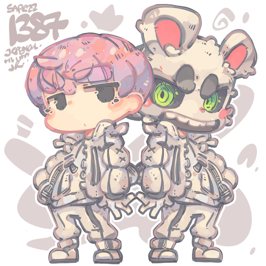 2boys, bangs, bigbang, black_eyes, blush, chibi, eyebrows_visible_through_hair, gloves, green_eyes, hair_behind_ear, highres, jacket, jr4rt, k-pop, looking_at_viewer, looking_to_the_side, male_focus, mask, multiple_boys, pants, purple_hair, real_life, standing, t.o.p_(bigbang), thick_eyebrows, white_footwear, white_gloves, white_jacket, white_pants