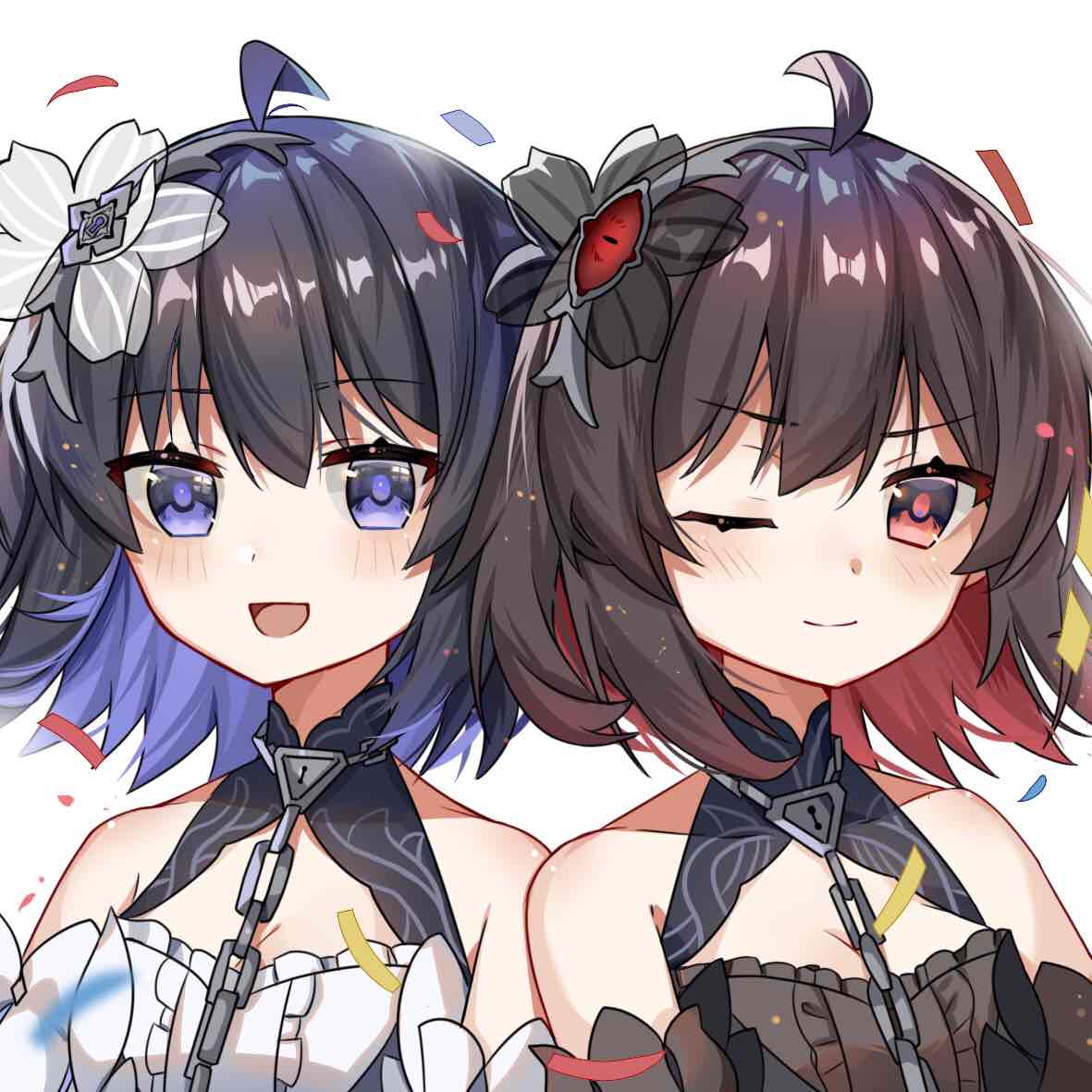 2girls, :d, bangs, black_dress, black_flower, blue_eyes, blue_hair, bob_cut