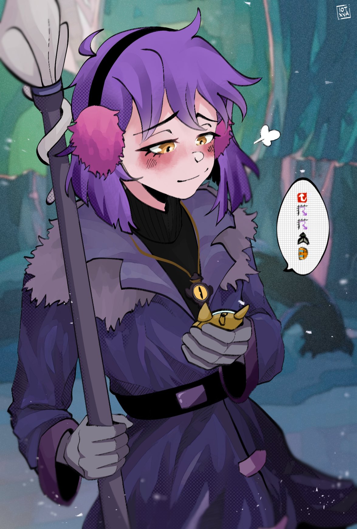 1girl, amity_blight, animal, belt, black_shirt, blush, bottle, cat, cave, clay, closed_mouth, ear_focus, earmuffs, finger_gun, ghost_(the_owl_house), gloves, grey_gloves, hand_up, highres, holding, holding_staff, iotxva, jacket, key, magic, purple_hair, purple_jacket, shirt, short_hair, smile, snow, solo, speech_bubble, staff, stalactite, tamagotchi, the_owl_house, witch, yellow_eyes