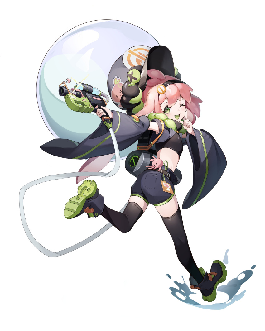 1girl, absurdres, bangs, boots, crop_top, detached_sleeves, gun, hairband, hat, highres, holding, holding_gun, holding_weapon, looking_back, muzixin0504, one_eye_closed, open_mouth, original, pink_hair, shorts, simple_background, smile, solo, tentacle_hair, thigh-highs, weapon, white_background
