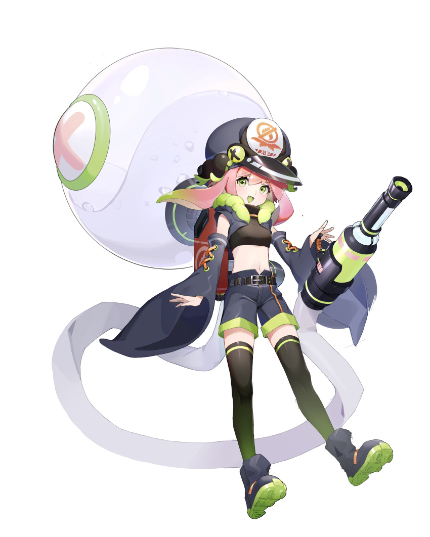 1girl, absurdres, bangs, belt, belt_buckle, boots, buckle, crop_top, detached_sleeves, green_eyes, hat, highres, looking_at_viewer, muzixin0504, navel, original, pink_hair, shorts, simple_background, solo, tentacle_hair, thigh-highs, weapon, white_background