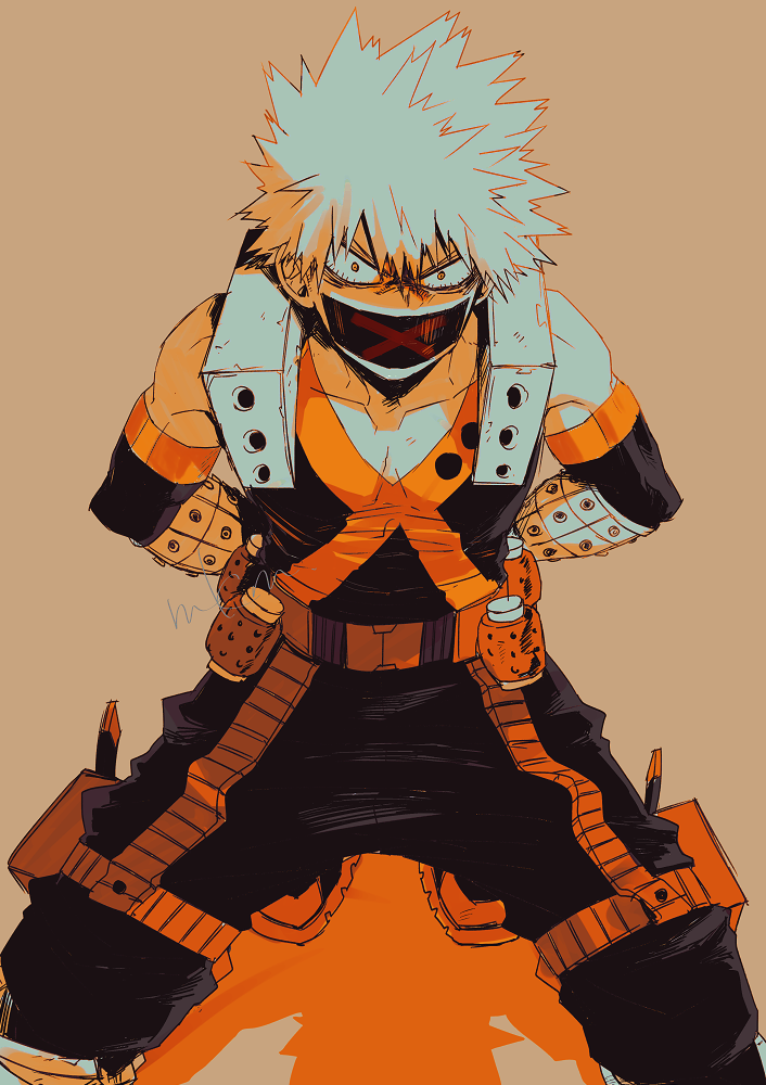 1boy, arms_behind_back, bakugou_katsuki, black_footwear, black_pants, blonde_hair, boku_no_hero_academia, boots, covered_mouth, duct_tape, explosive, gag, gagged, grenade, improvised_gag, knee_pads, kneeling, limited_palette, looking_at_viewer, male_focus, mkm_(mkm_storage), orange_background, pants, red_eyes, signature, solo, spiky_hair, tape, tape_gag