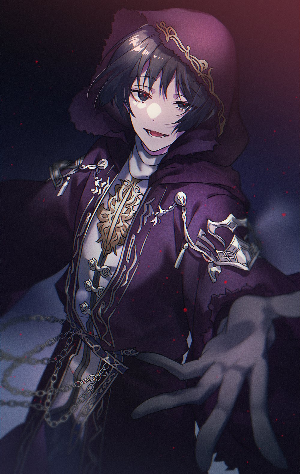 1boy, bangs, black_eyes, black_gloves, black_hair, blurry, chain, cowboy_shot