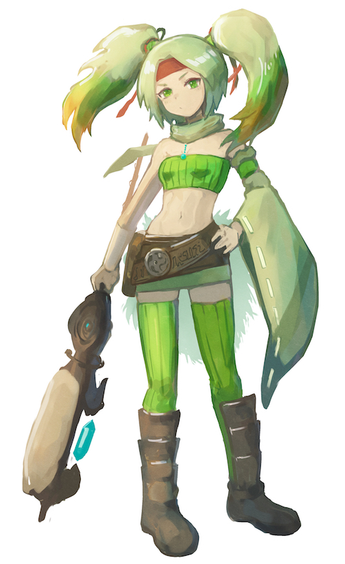1girl, arm_warmers, armlet, bangs, bare_shoulders, belt, belt_pouch, breasts, brown_belt, brown_footwear, commentary_request, detached_sleeves, duel_monster, full_body, fur, gradient_hair, green_eyes, green_hair, green_legwear, green_scarf, green_skirt, green_sleeves, green_tube_top, hair_ribbon, hand_on_hip, headband, holding, holding_staff, ishii_(young-moon), long_hair, looking_at_viewer, medallion, midriff, miniskirt, multicolored_hair, navel, orange_hair, parted_bangs, pouch, red_headband, red_ribbon, reeze_whirlwind_of_gusto, ribbon, scarf, shin_guards, shoes, sidelocks, simple_background, single_arm_warmer, single_detached_sleeve, skirt, small_breasts, solo, staff, standing, strapless, striped, striped_legwear, thigh-highs, tube_top, twintails, vertical-striped_legwear, vertical_stripes, white_background, yu-gi-oh!, zettai_ryouiki
