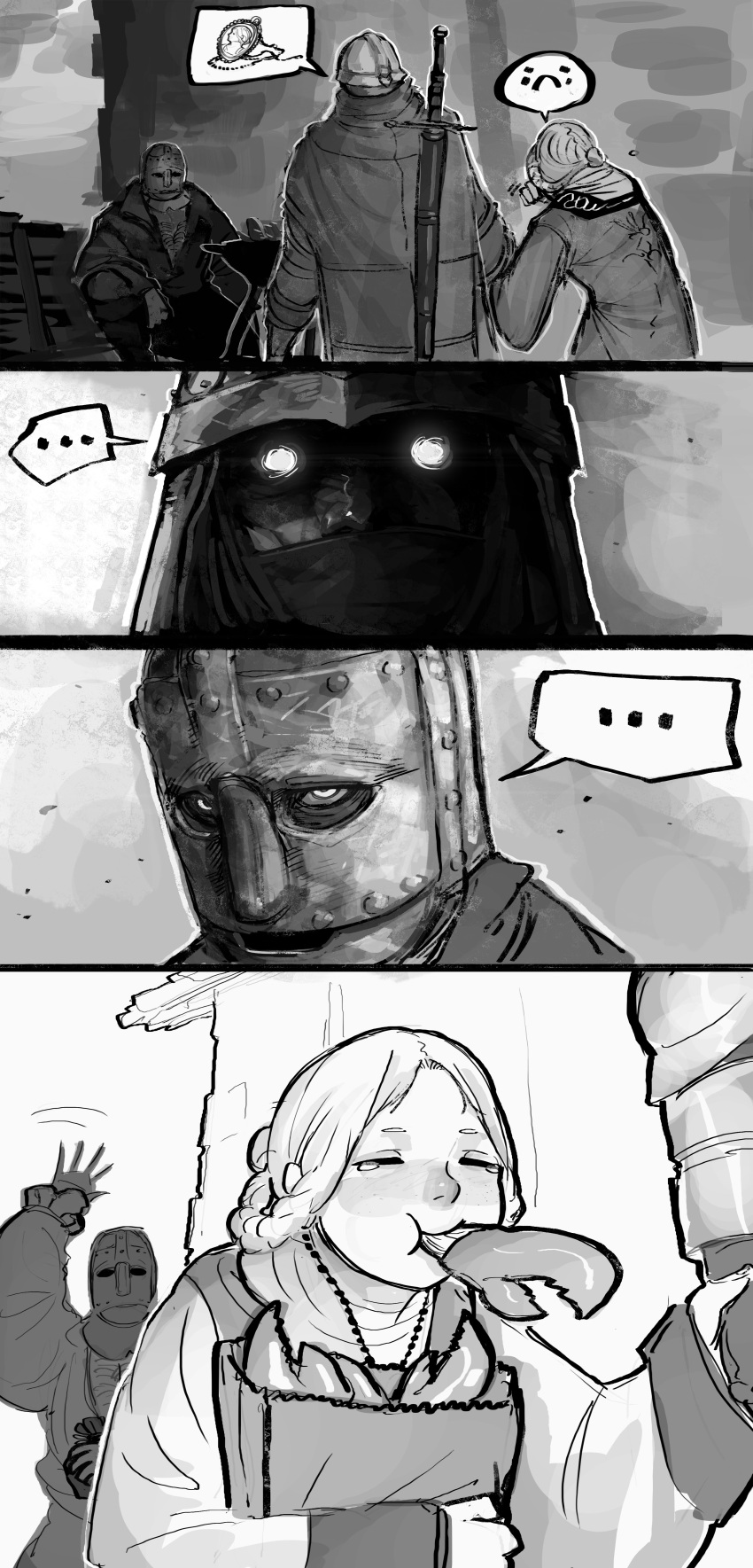 ..., 1girl, 2boys, absurdres, bag, blackguard_big_boggart, cape, crab_leg