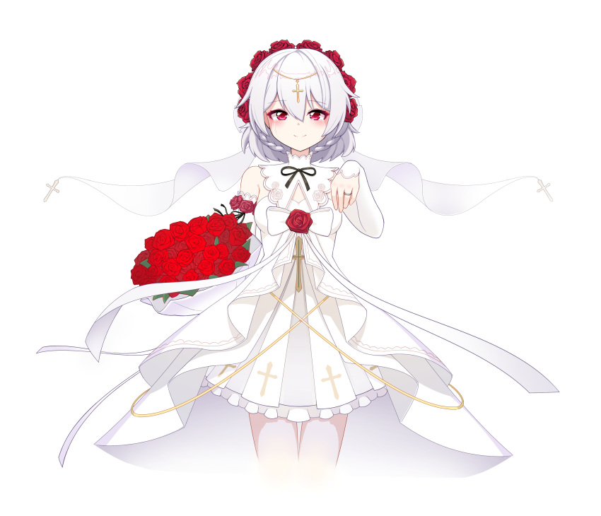 1girl, absurdres, bails, bangs, bare_shoulders, bouquet, closed_mouth, dress
