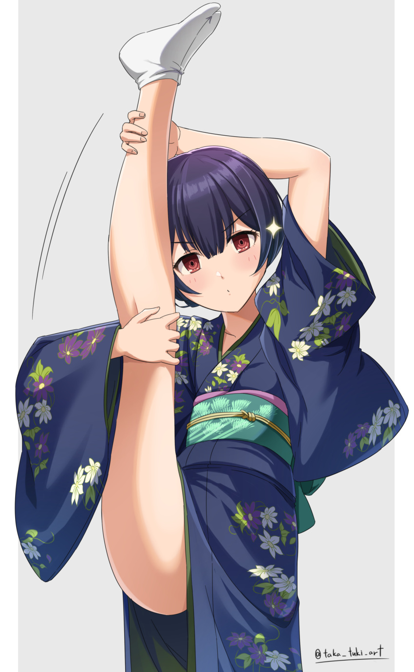 absurdres, arm_up, bare_legs, black_hair, blue_kimono, blush, closed_mouth, commentary_request