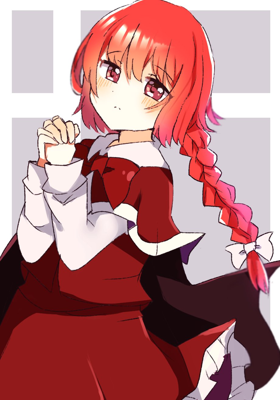 1girl, blush, bow, bowtie, braid, braided_ponytail, capelet, eyebrows_visible_through_hair