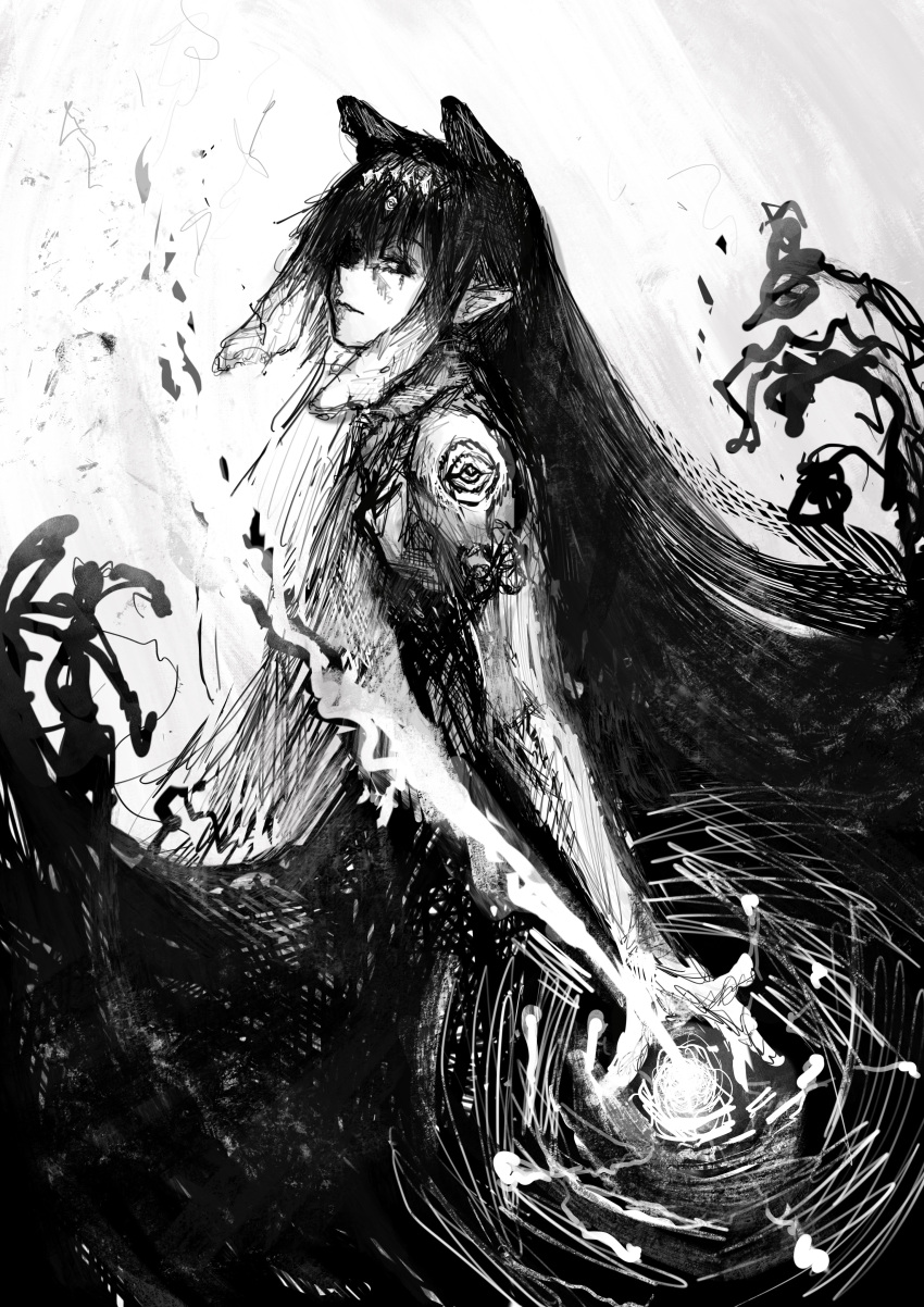 1girl, absurdres, antsplorer, bangs, black_eyes, black_hair, blunt_bangs, flat_chest, greyscale, high_contrast, highres, hololive, hololive_english, holomyth, long_hair, looking_at_viewer, magic, monochrome, ninomae_ina'nis, pointy_ears, tattoo, tentacle_hair, tentacles, very_long_hair, virtual_youtuber