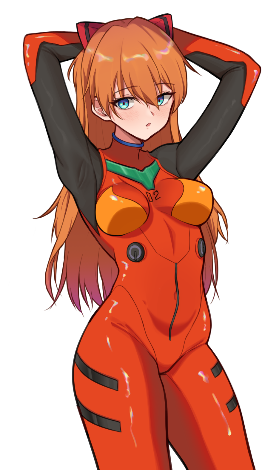 1girl, armpits, arms_behind_head, bangs, blue_eyes, bodysuit, breasts, breasts_apart