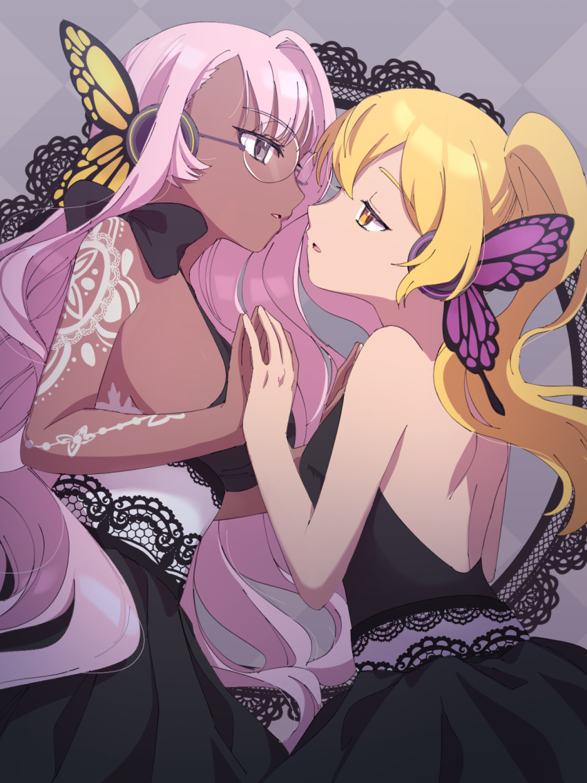 2girls, alafare_zamfir_lazarescu, backless_outfit, black_dress, blonde_hair, breasts, commission, commissioner_upload