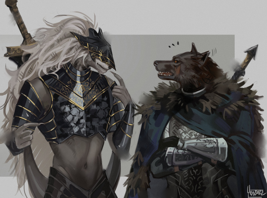 2boys, absurdres, armor, blaidd_the_half-wolf, blue_cape, breastplate, cape, crossed_arms, elden_ring, furry, furry_male, gauntlets, height_difference, helmet, highres, male_focus, maliketh_the_black_blade, midriff, multiple_boys, navel, notice_lines, open_mouth, pointing, pointing_at_self, signature, visor_(armor), weapon, weapon_on_back, wide-eyed, yen_(yenyenyen19)