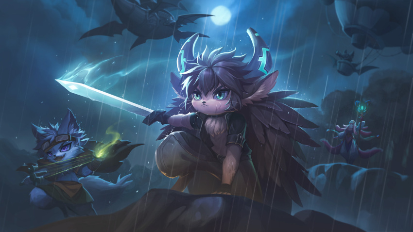 2boys, 2girls, aircraft, animal_ear_fluff, animal_ears, arm_up, beat_bladesman_fur_hire, belt