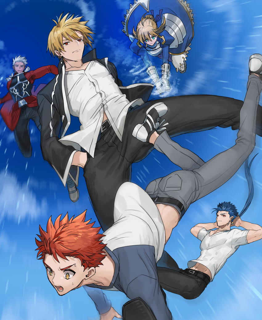 1girl, 4boys, absurdres, ahoge, archer_(fate), armor, armored_dress, artoria_pendragon_(fate), bangs, belt, black_footwear, black_jacket, black_pants, blonde_hair, blue_dress, blue_hair, blue_ribbon, blue_sky, braid, closed_mouth, commentary_request, cropped_jacket, cu_chulainn_(fate), cu_chulainn_(fate/stay_night), dark-skinned_male, dark_skin, dress, earrings, emiya_shirou, eyebrows_behind_hair, falling, fate/stay_night, fate_(series), foot_out_of_frame, french_braid, from_below, frown, gauntlets, gilgamesh_(fate), gilgamesh_(immoral_biker_jacket)_(fate), green_eyes, grey_pants, hair_between_eyes, hair_ribbon, highres, invisible_air_(fate), jacket, jewelry, long_hair, looking_at_another, looking_at_viewer, looking_down, looking_up, multiple_boys, none_(kameko227), open_mouth, orange_hair, outdoors, pants, ponytail, red_eyes, red_jacket, ribbon, saber, shirt, short_hair, sky, sweatdrop, teeth, tongue, white_hair, white_shirt, yellow_eyes