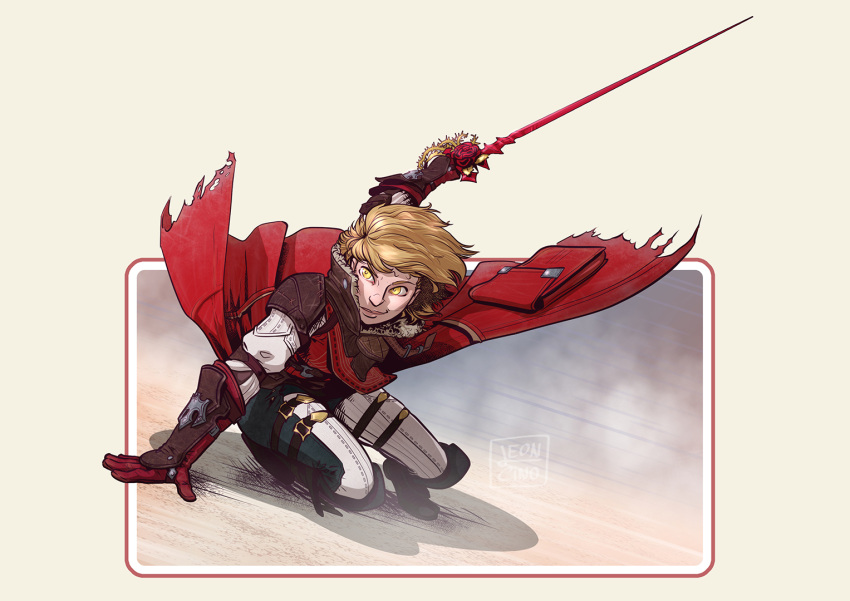 1girl, blonde_hair, boots, coat, commission, commissioner_upload, dynamic_pose, gloves